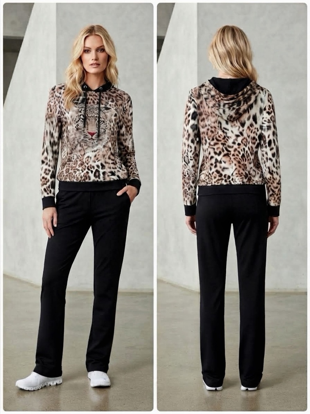 NWT WOMEN LYCRA TRACKSUIT 2PC SET PULLOVER/BLACK PANTS ANIMAL PRINT LOUNGEWEAR